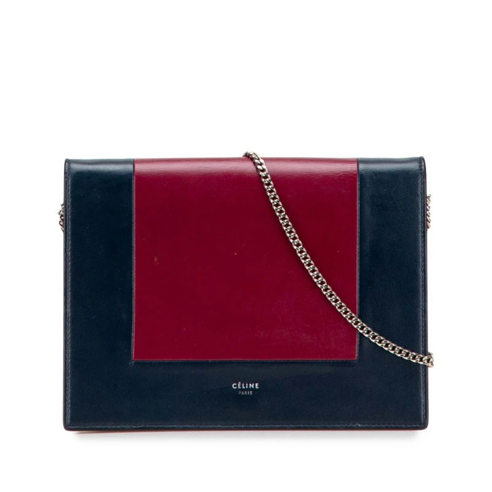 Celine Frame Evening Chain Wallet Shoulder Bag Navy Blue Bordeaux Purple